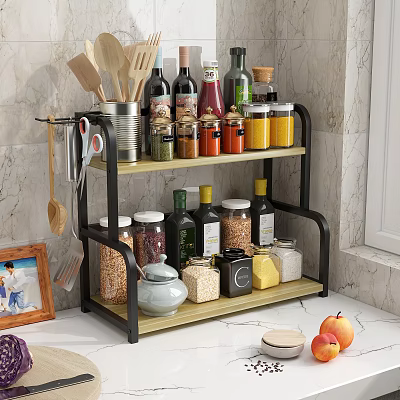 Two Tier Kitchen Rack With Spices Jars Bottles And Utensils 3d model