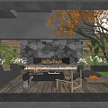 Courtyard Garden With Stone Fireplace Burning Fire Wooden Flooring Sofa And Green Plants