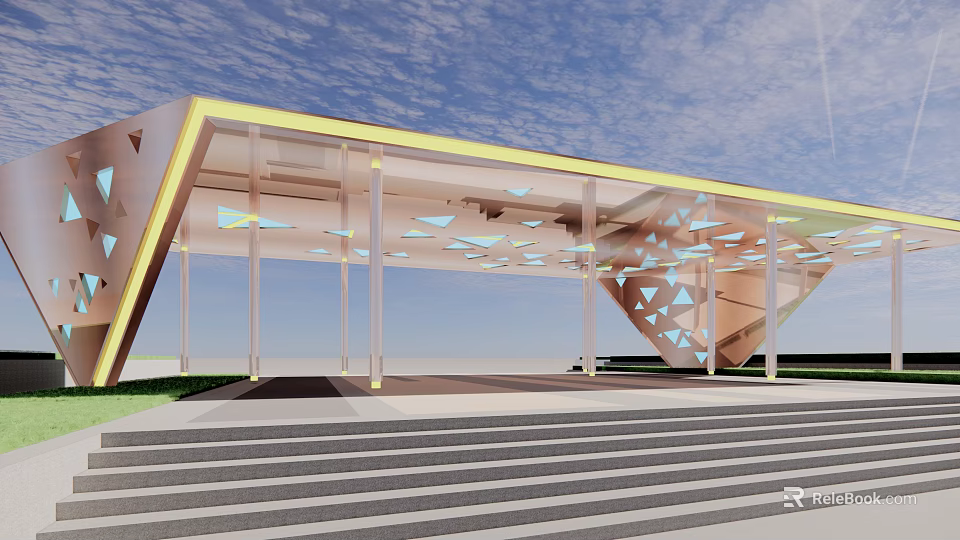 Modern Pergola Design With Geometric Triangular Decorations Transparent Structure And Stone Steps 3d model 