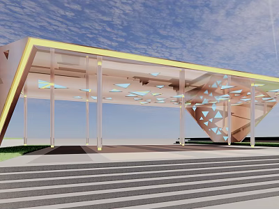 Modern Pergola Design With Geometric Triangular Decorations Transparent Structure And Stone Steps 3d model