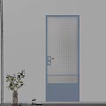 Light Blue Hinged Door With Perforated Design And Sunlight Shadow Near Potted Plant
