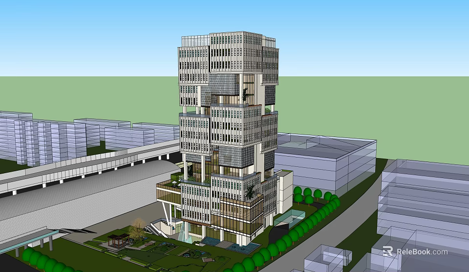 Modern High Rise Office Building With Glass Facade And Surrounding Greenery 3d model 