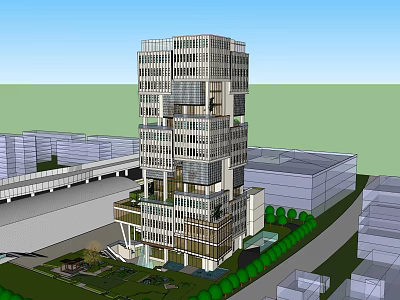 Modern High Rise Office Building With Glass Facade And Surrounding Greenery 3d model