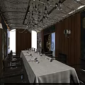 Elegant Restaurant Interior Featuring Long Dining Table White Tablecloth Brown Chairs Wooden Walls Pendant Lights