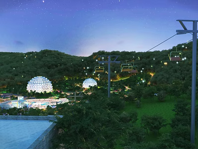 Amusement Park Night View With Mountain Cable Cars And Illuminated Dome Structures 3d model