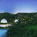 Amusement Park Night View With Mountain Cable Cars And Illuminated Dome Structures