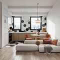 Modern Apartment Interior With Open Living Kitchen White Cabinets Round Table Orange Chairs Pendant Light