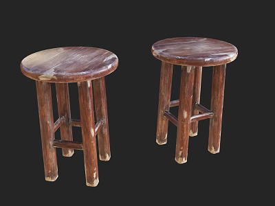 Pair of Rustic Wooden Bar Stools With Round Seat And Four Legs Design 3d model