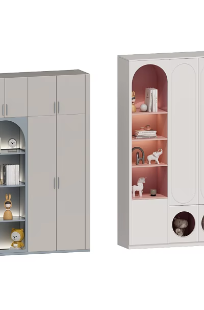 Modern Gray And White Wardrobe With Panel Doors Open Shelves And Storage Compartments 3d model