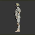 Military Character in Camouflage Uniform With Helmet Mask Standing Pose on Gray Reflective Ground