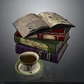 Stack of Vintage Books with Open Pages and Coffee Cup on Green Saucer