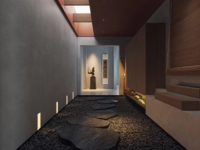 Hotel Corridor With Stone Path Recessed Lighting Wooden Walls Artwork And Decorative Plants 3d model