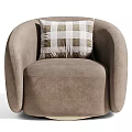 Comfortable Fluffy Beige Single Sofa With Curved Design And Plaid Pillow
