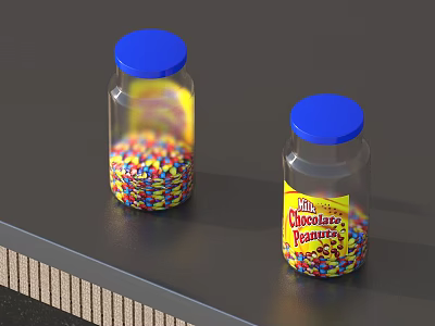 Transparent Bottles With Blue Lids Containing Colorful Mini Chocolate Peanuts 3d model