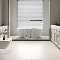 Modern Bathroom Interior Design With Bathtub Towel Vanity Mirror And Striped Walls