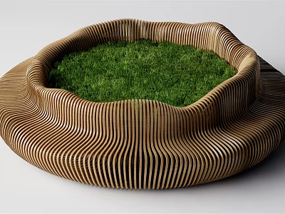 Circular Wooden Slatted Outdoor Chair Featuring Green Grass In The Center Design 3d model