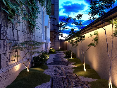Garden Landscape With Stone Path Vines Small Trees And Evening Sky Lighting 3d model