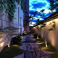 Garden Landscape With Stone Path Vines Small Trees And Evening Sky Lighting