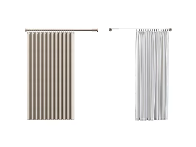 Beige Vertical Striped And White Solid Curtains With Metal Curtain Rods Hanging 3d model