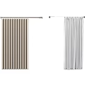 Beige Vertical Striped And White Solid Curtains With Metal Curtain Rods Hanging