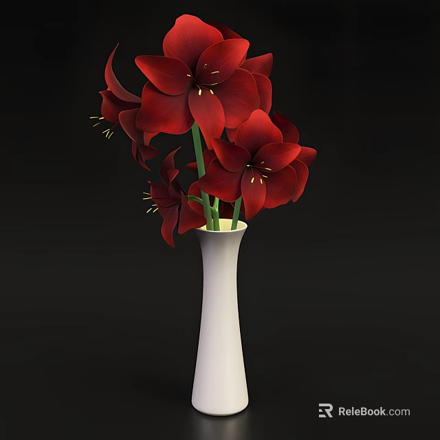 White Simple Vase With Red Amaryllis Flowers And Green Leaves Against Dark Background 3d model 