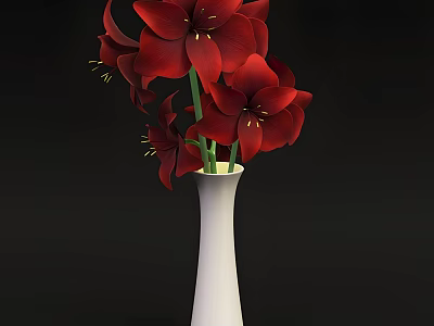 White Simple Vase With Red Amaryllis Flowers And Green Leaves Against Dark Background 3d model