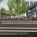Garden Landscape With Wooden Deck Tables Chairs Green Trees And Stone Wall