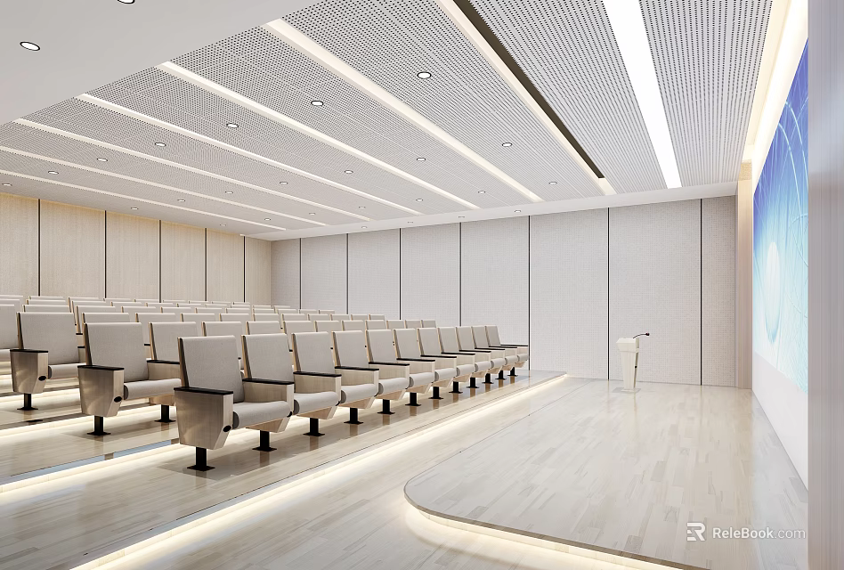 Modern Conference Room With Neatly Arranged Seats Podium In Front And Spacious Bright Interior 3d model 