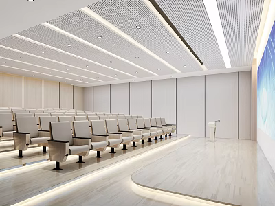Modern Conference Room With Neatly Arranged Seats Podium In Front And Spacious Bright Interior 3d model