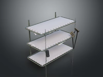 Three Tier Metal Storage Shelf with White Shelves and Hanging Hooks Design 3d model