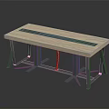 Modern Furniture Table With Light Wooden Tabletop Blue Stripe And Black Metal Legs