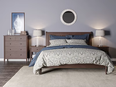 Double Bed with Nightstands Lamps Round Mirror in Bedroom Area Rug Wooden Floor Framed Painting 3d model