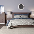 Double Bed with Nightstands Lamps Round Mirror in Bedroom Area Rug Wooden Floor Framed Painting