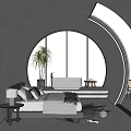 Modern Hotel Room With Large Circular Window Snow Mountain View Comfortable Bed And Sofa 3d model