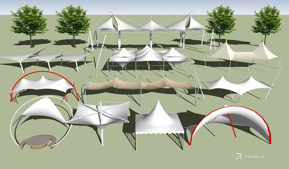 Outdoor Tensile Membrane Architectural Structures With Diverse Shapes And Tree Surroundings 3d model 