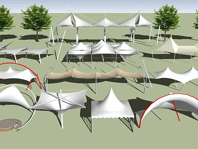 Outdoor Tensile Membrane Architectural Structures With Diverse Shapes And Tree Surroundings 3d model