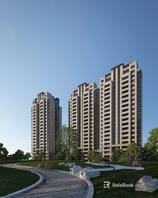 Modern High Rise Residential Building Exterior With Green Trees And Glass Facade Design 3d model 