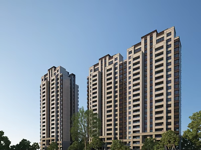 Modern High Rise Residential Building Exterior With Green Trees And Glass Facade Design 3d model