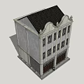 Traditional Commercial Complex With Two Story Gray Facade Arched Details And Wooden Doors
