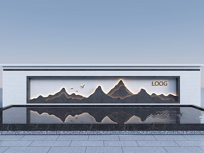 Modern Landscape Feature Wall With Mountain Shapes Flying Birds LOGO And Reflection In Water Pool 3d model