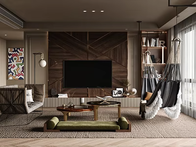 Modern Living Room Interior Design With Wooden Accent Wall Large Screen TV And Green Bench 3d model