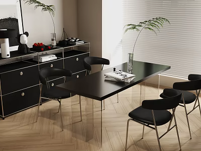 Modern Dining Interior With Black Dining Table Chairs Sideboard And Decorative Plant 3d model