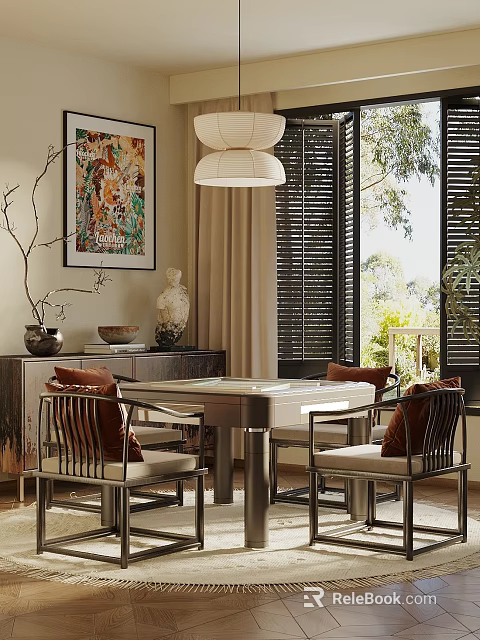 Stylish Entertainment Table With Comfortable Chairs In Modern Interior Decorative Painting And Window Blinds 3d model 