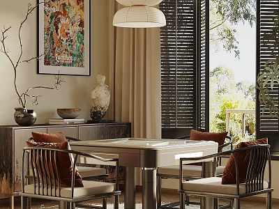 Stylish Entertainment Table With Comfortable Chairs In Modern Interior Decorative Painting And Window Blinds 3d model