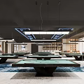 Modern Billiard Room With Multiple Green And Red Tables Marble Countertops And Area Rug