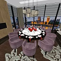 Private Dining Room With Round Table Purple Chairs Chandelier Patterned Carpet And City View