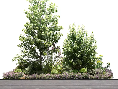 Tall And Short Green Trees With Low Growing Bushes And Purple Flowers On Wooden Base 3d model