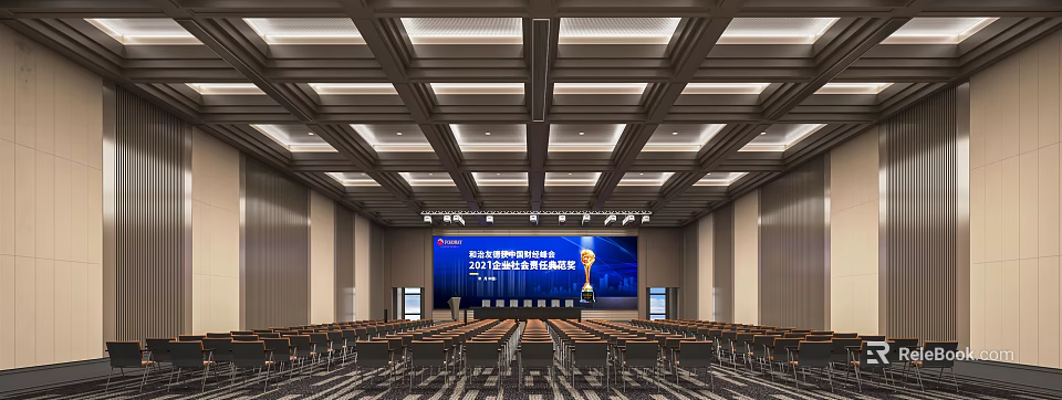 Modern Conference Room With Large Screen Trophy Arranged Chairs And Ceiling Lighting 3d model 