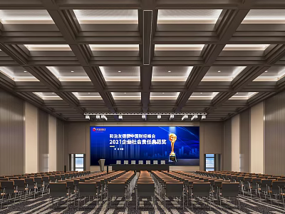 Modern Conference Room With Large Screen Trophy Arranged Chairs And Ceiling Lighting 3d model