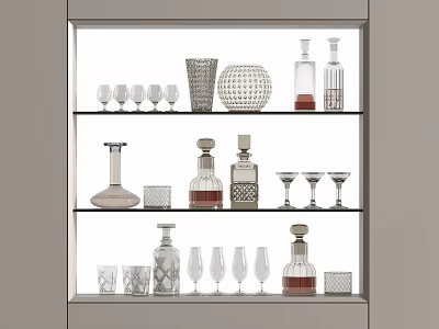 Elegant Wine Bottles and Glasses on Modern Display Shelf with Various Designs 3d model